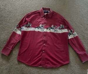 Vintage Wrangler Western Pearl Snap Red Horse Print Cowboy Shirt
